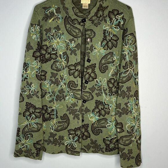 Sigrid Olsen Sport Green Floral Embroidered Cardigan Sweater Large - Picture 1 of 8